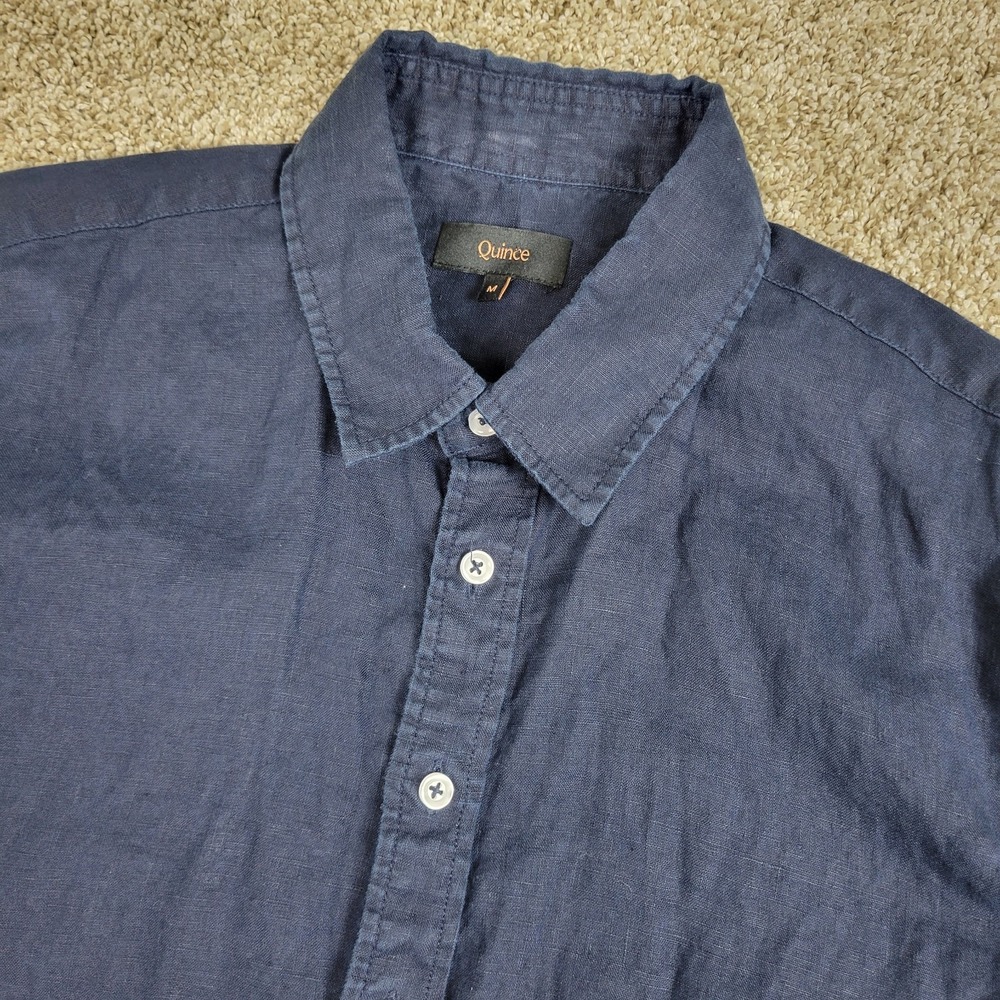 Quince Mens Medium Solid Navy Button Up Short Sleeve 100% Linen‎